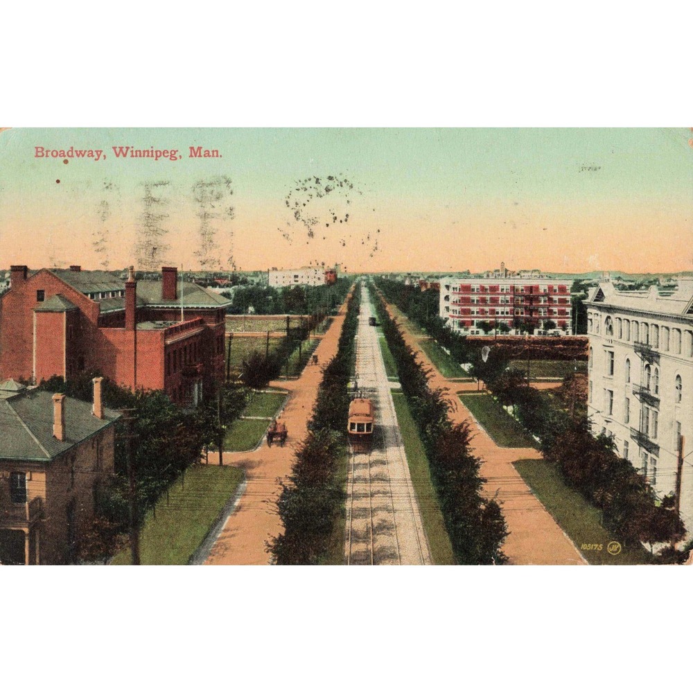 Vintage 1912 Winnipeg Manitoba Broadway Postcard Streetcar Valentine & Sons - Picture 1 of 2